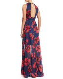 Floral-Print Open-Back Gown, Navy/Poppy