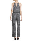 Printed Wide Leg Chain Link Jumpsuit, Black