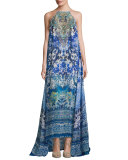 High-Neck Embellished Silk Maxi Dress, Guardian of Secrets
