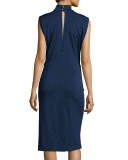 Sleeveless Draped-Arm Keyhole Dress, Navy
