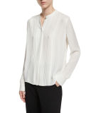 Pleated Mandarin-Collar Blouse