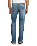 Five-Pocket Faded Stretch Denim Jeans, Blue