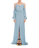Cold-Shoulder Chambray Maxi Dress, Light Blue