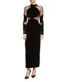 Velvet Sheer-Illusion Peplum Midi Cocktail Dress, Black