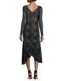 Long-Sleeve Plaid Handkerchief-Hem Midi Dress w/ Faux Necklace Print, Copiativo