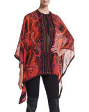 Jewel-Neck Printed Tunic, Red/Pink/Purple
