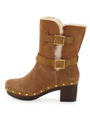 Brea Shearling Wood-Heel Boot, Chestnut