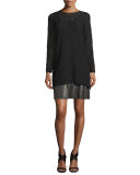 Mixed Media Long-Sleeve Lace Dress, Black 