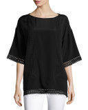 Lace-Trim Half-Sleeve Top, Caviar