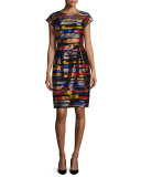 Cap-Sleeve Brushstroke-Print Dress, Multi Colors