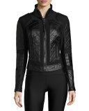 Quilted Leather & Mesh Moto Jacket, Black