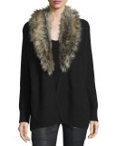 Evina Open-Front Cardigan w/Detachable Faux Fur Collar, Caviar