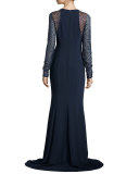 Lace-Sleeve Crepe Gown, Midnight/Nude