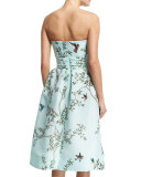 Strapless Bird-Print Fit-&-Flare Dress, Seafoam