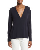 Long-Sleeve Woven Surplice Top, Navy