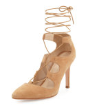 Leila Suede Lace-Up Pump, Almond