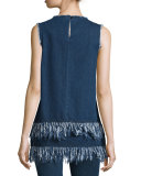 Sleeveless Frayed-Hem Tunic, Mid Blue