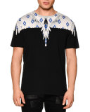 Feather-Print Short-Sleeve Tee, Black Multi