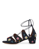 Isadora Floral-Embroidered Lace-Up Sandal, Blue