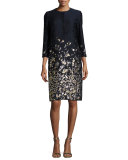 Floral-Embroidered 3/4-Sleeve Coat, Navy/Gold