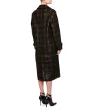 Notch-Collar Embellished Plaid Trench Coat, Black/Ancient Gold