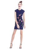 Cap-Sleeve Mixed-Media Mini Dress, Navy