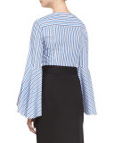 Ruthie Bell-Sleeve Striped Stretch-Poplin Blouse, Blue 