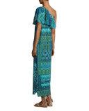 Lace-Print Mosaic One-Shoulder Maxi Dress