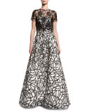 Strapless Sequined-Embroidered Organza Gown, White/Black