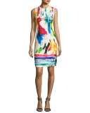 Sleeveless Printed Jacquard Cocktail Dress, Multicolor