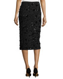Sequined-Floral Front-Slit Pencil Skirt, Black