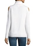 Cable-Knit Cashmere Cold-Shoulder Sweater, Blanc
