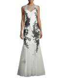 Sleeveless Illusion Lace Applique Mermaid Gown 