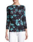 Floral Jersey Bateau-Neck 3/4-Sleeve Tee, Peacock/Multi