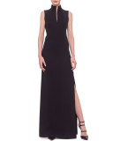 Sleeveless Fringe-Back Gown, Black