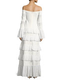 Sylar Off-the-Shoulder Tiered Knit Maxi Dress, White