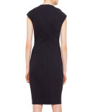 Cap-Sleeve Zip-Front Seamed Dress, Black
