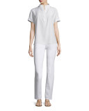Reyn Short-Sleeve Split-Neck Blouse, Blue Glass