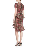 Julia Cornelia Floral-Lace V-Neck Dress, Red/Pink/Green