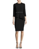 3/4-Sleeve Crepe Peplum Cocktail Dress, Black