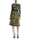 Floral-Print Structured A-Line Skirt, Citron/Black