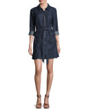 Zip-Front Belted Denim Dress, Indigo