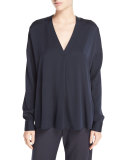 Crossover Long-Sleeve Stretch-Silk Top, Coastal Blue