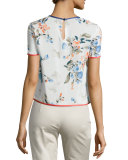 Floral-Print Silk Short-Sleeve Blouse, Multi