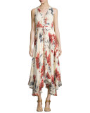 Sleeveless Lace-Up Floral Silk Midi Dress, Lincoln