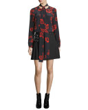 Floral Silk Satin Tie-Neck Blouse, Black/Red