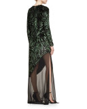 Burnout Velvet Long-Sleeve Gown, Black/Forest