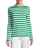 Striped Boat-Neck Sweater, Garden/White