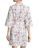 Bird Toile-Print Short Kimono Robe, Blue