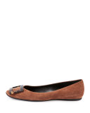 Gommette Tortoiseshell-Buckle Suede Flat, Cognac